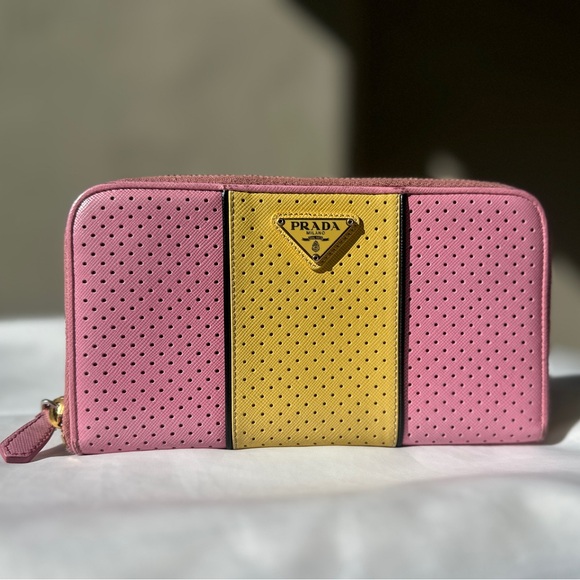 Prada Handbags - PRADA Pink Yellow Perforated Saffiano Zip Around Wallet